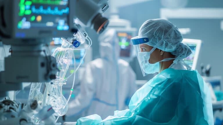 Aneszteziológiai szakasszisztens nő a műtőben áll orvosi ruhában és az orvosi berendezésekre összpontosít. Aneszteziológiai szakasszisztens képzés a Pannon Kincstárban, szakmai cikk