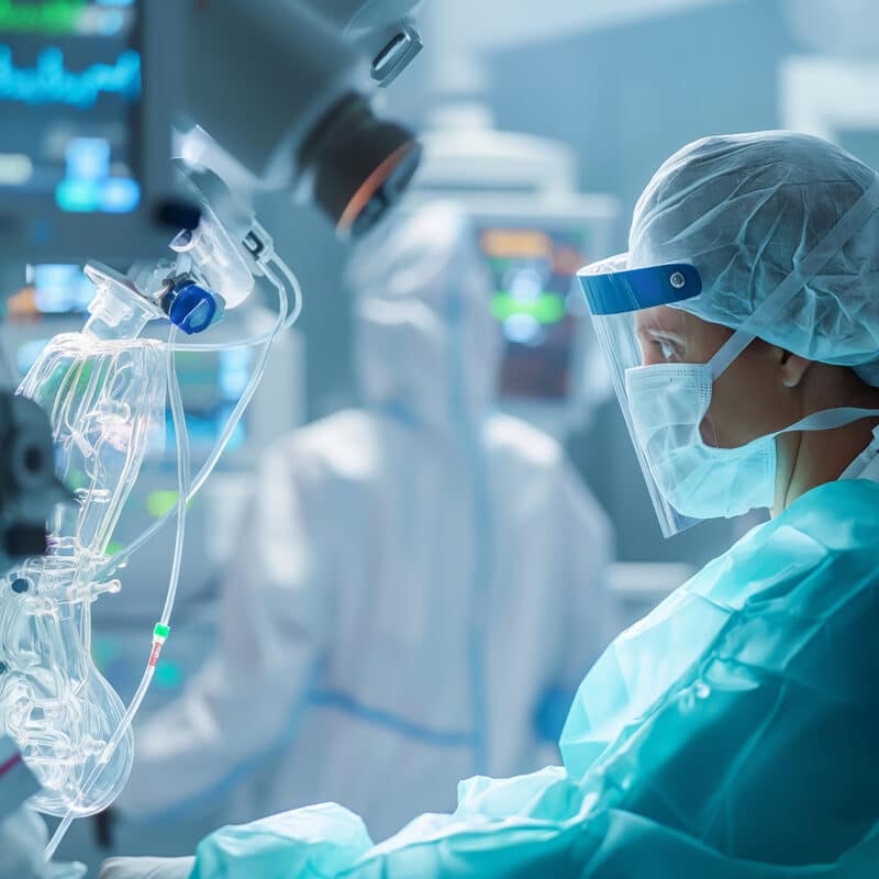 Egészségügyi dolgozó teljes védőfelszerelésben dolgozik az intenzív osztályon, modern orvosi berendezésekkel és monitorokkal körülvéve. Aneszteziológiai szakasszisztens képzés, Pannon Kincstár szakmai cikk