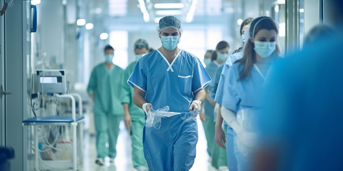 Using Generative AI, doctors in scrubs hurry a patient on a hospital stretcher through a hallway.