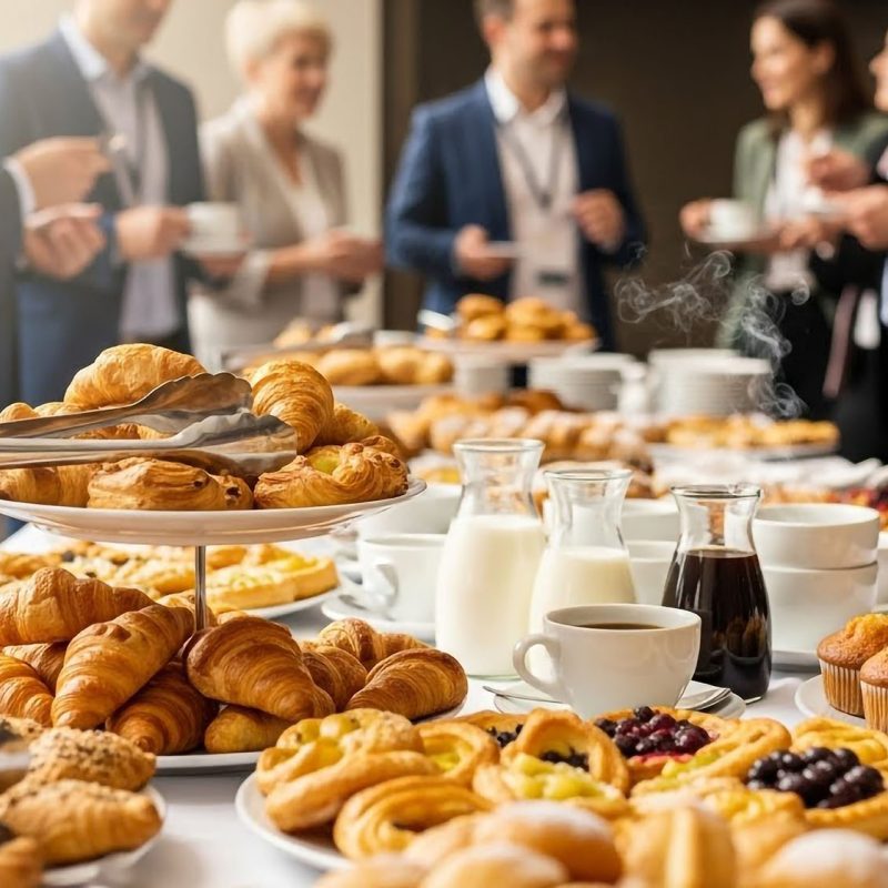 A breakfast buffet with pastries, coffee, and milk is set up for business people at a morning event.