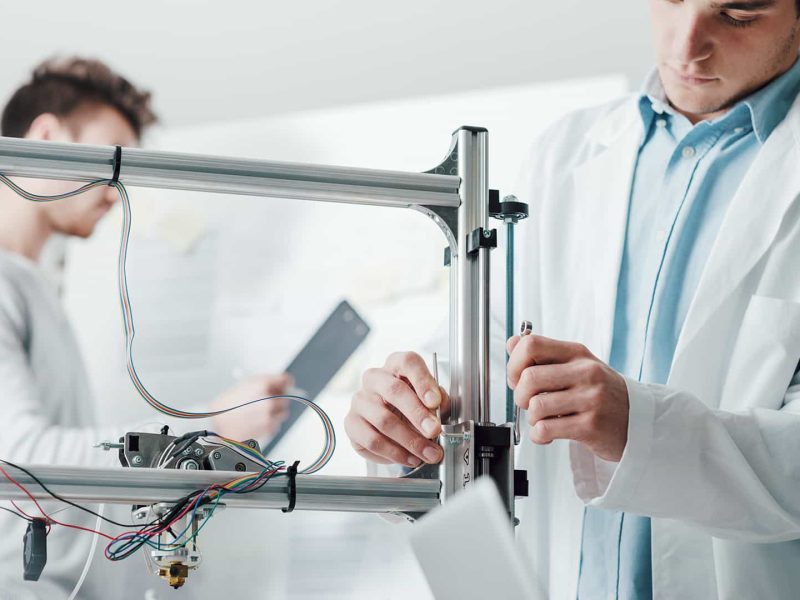 Digitális fogtechnikus képzés Egy fogtechnikus férfi 3D nyomtatót használ orvosi köpenyben.
