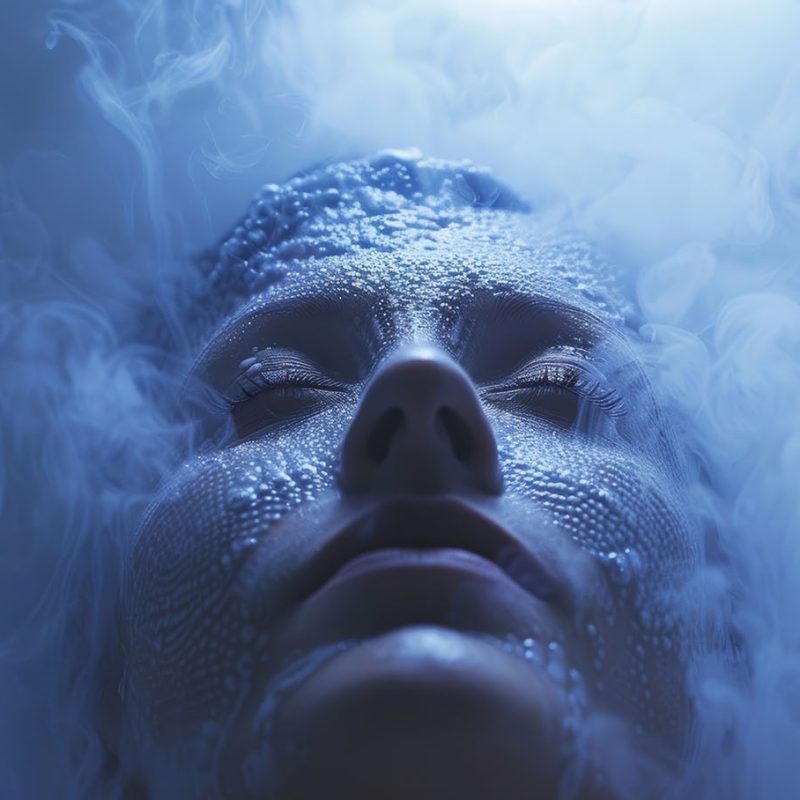 A person lying in a cryotherapy chamber surrounded by freezing vapor to alleviate pain and inflammation.