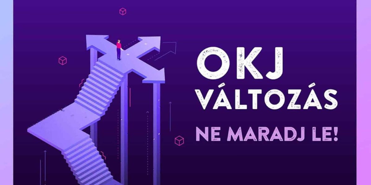 OKJ változás, ne maradj le! feliratú lila illusztráció. Három irányba mutató nyilak előtt álló embert jelenít meg. Pannon Kincstár